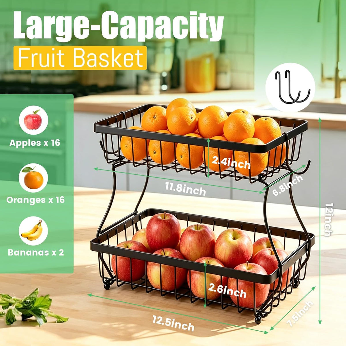 2-Tier Fruit Basket for Kitchen Counter with 2 Banana Hangers