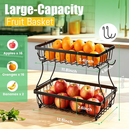2-Tier Fruit Basket for Kitchen Counter with 2 Banana Hangers