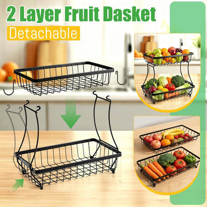 2-Tier Fruit Basket for Kitchen Counter with 2 Banana Hangers