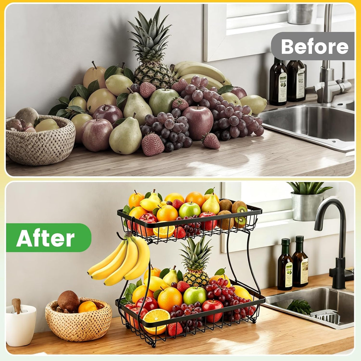 2-Tier Fruit Basket for Kitchen Counter with 2 Banana Hangers