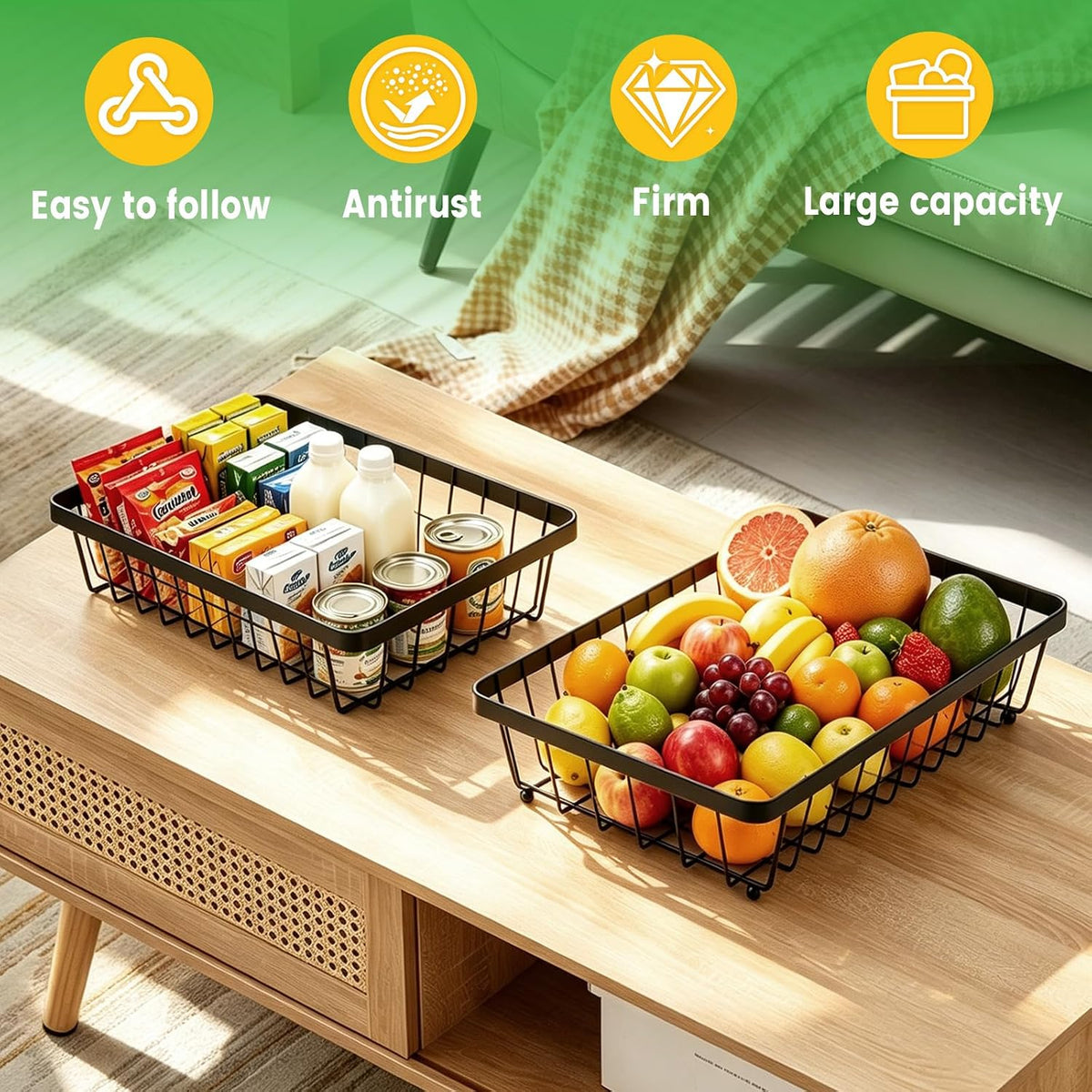 2-Tier Fruit Basket for Kitchen Counter with 2 Banana Hangers