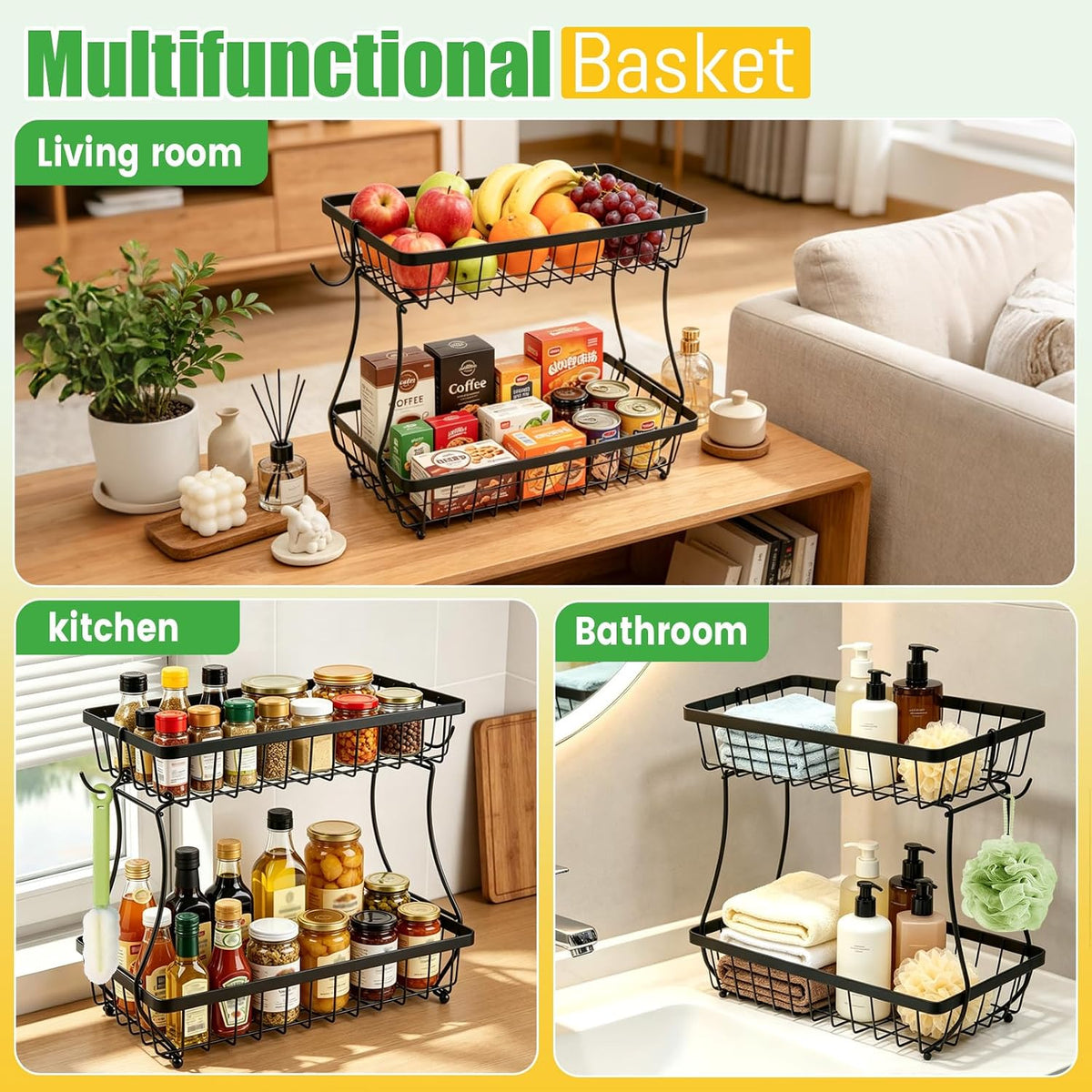 2-Tier Fruit Basket for Kitchen Counter with 2 Banana Hangers