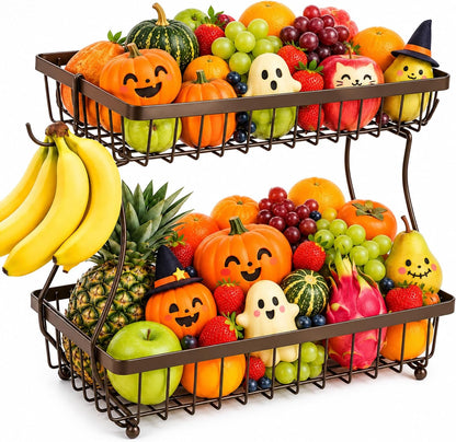 2-Tier Fruit Basket for Kitchen Counter with 2 Banana Hangers