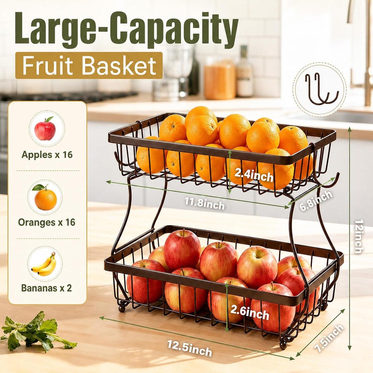 2-Tier Fruit Basket for Kitchen Counter with 2 Banana Hangers