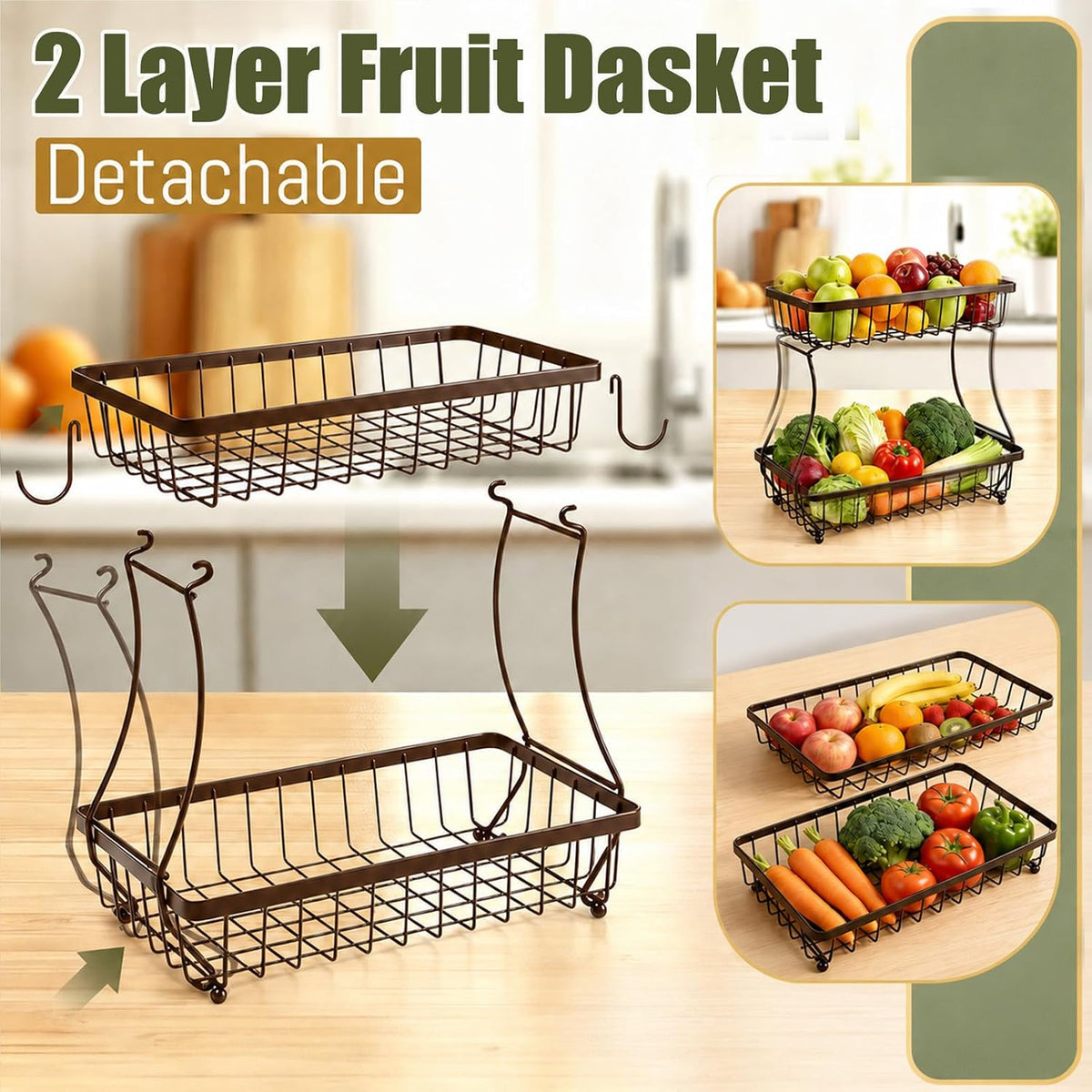 2-Tier Fruit Basket for Kitchen Counter with 2 Banana Hangers