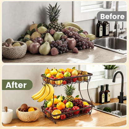 2-Tier Fruit Basket for Kitchen Counter with 2 Banana Hangers