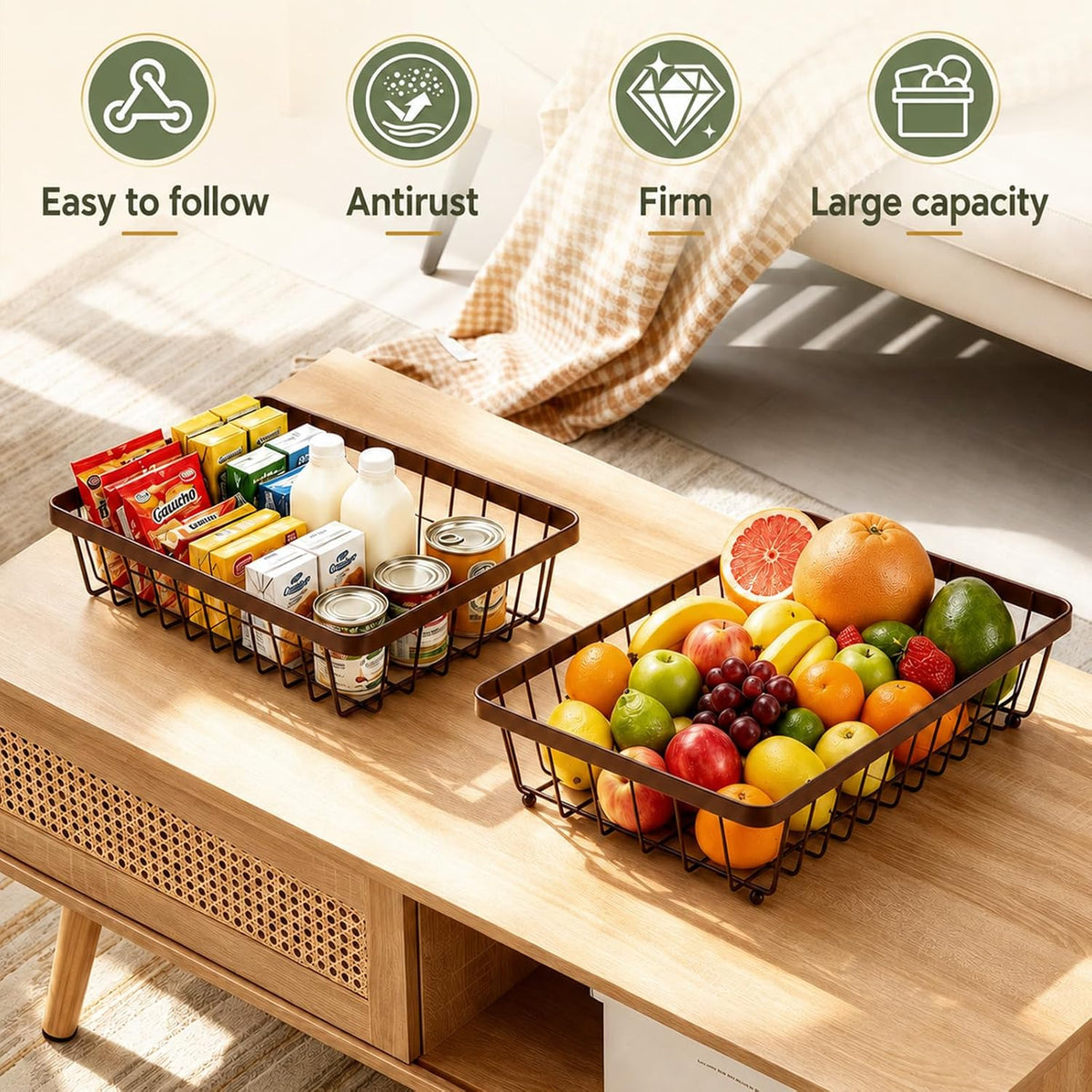 2-Tier Fruit Basket for Kitchen Counter with 2 Banana Hangers