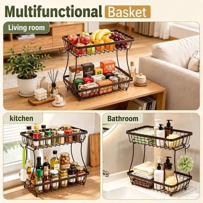 2-Tier Fruit Basket for Kitchen Counter with 2 Banana Hangers