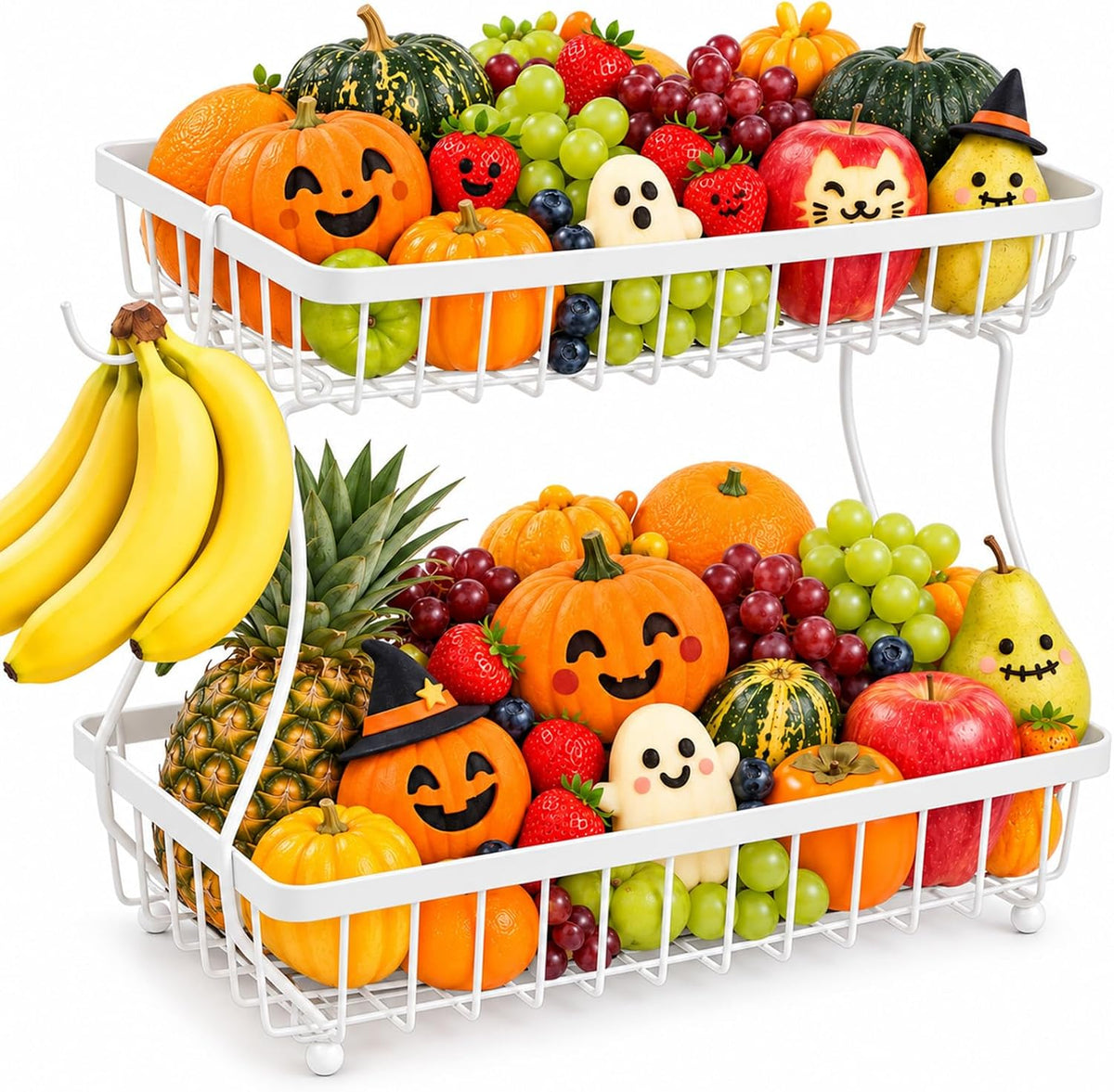 2-Tier Fruit Basket for Kitchen Counter with 2 Banana Hangers