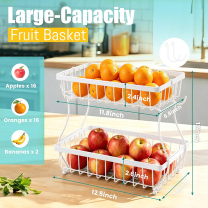2-Tier Fruit Basket for Kitchen Counter with 2 Banana Hangers