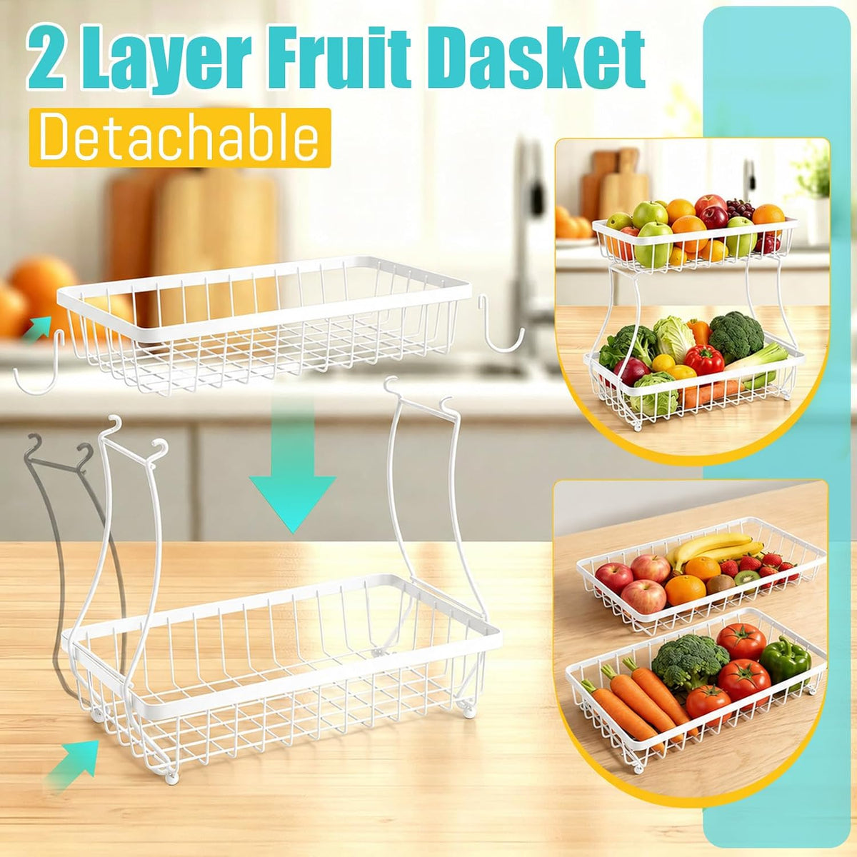 2-Tier Fruit Basket for Kitchen Counter with 2 Banana Hangers