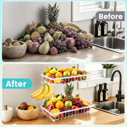 2-Tier Fruit Basket for Kitchen Counter with 2 Banana Hangers