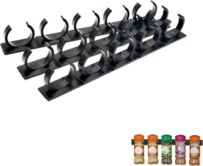 Adhesive Spice Clips 3-Pack, Heavy-Duty Spice Organizer for Cabinet Doors, Pantry & RV, Space-Saving Kitchen Storage with Tape, Holds 15 Jars (Black)