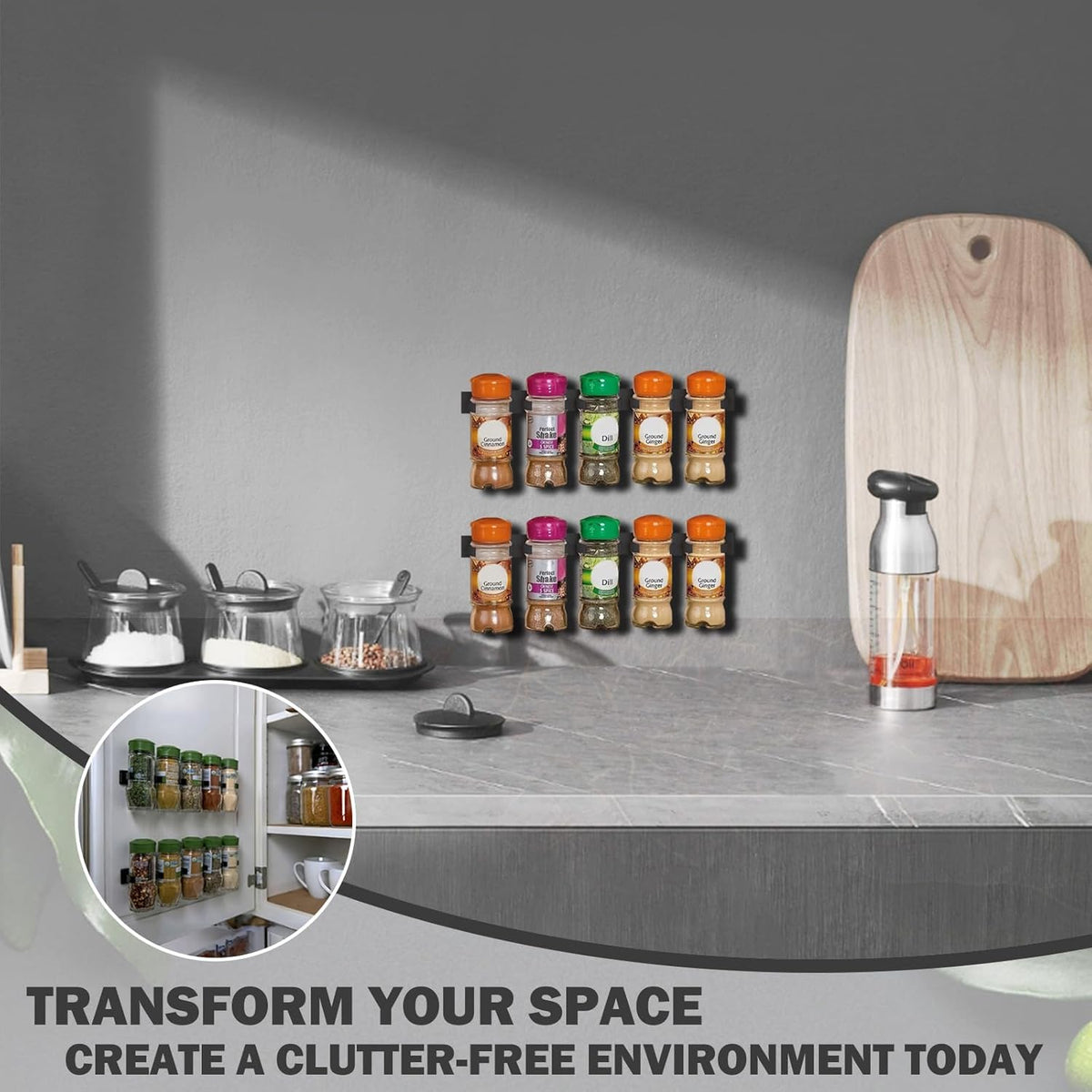 Adhesive Spice Clips 3-Pack, Heavy-Duty Spice Organizer for Cabinet Doors, Pantry & RV, Space-Saving Kitchen Storage with Tape, Holds 15 Jars (Black)