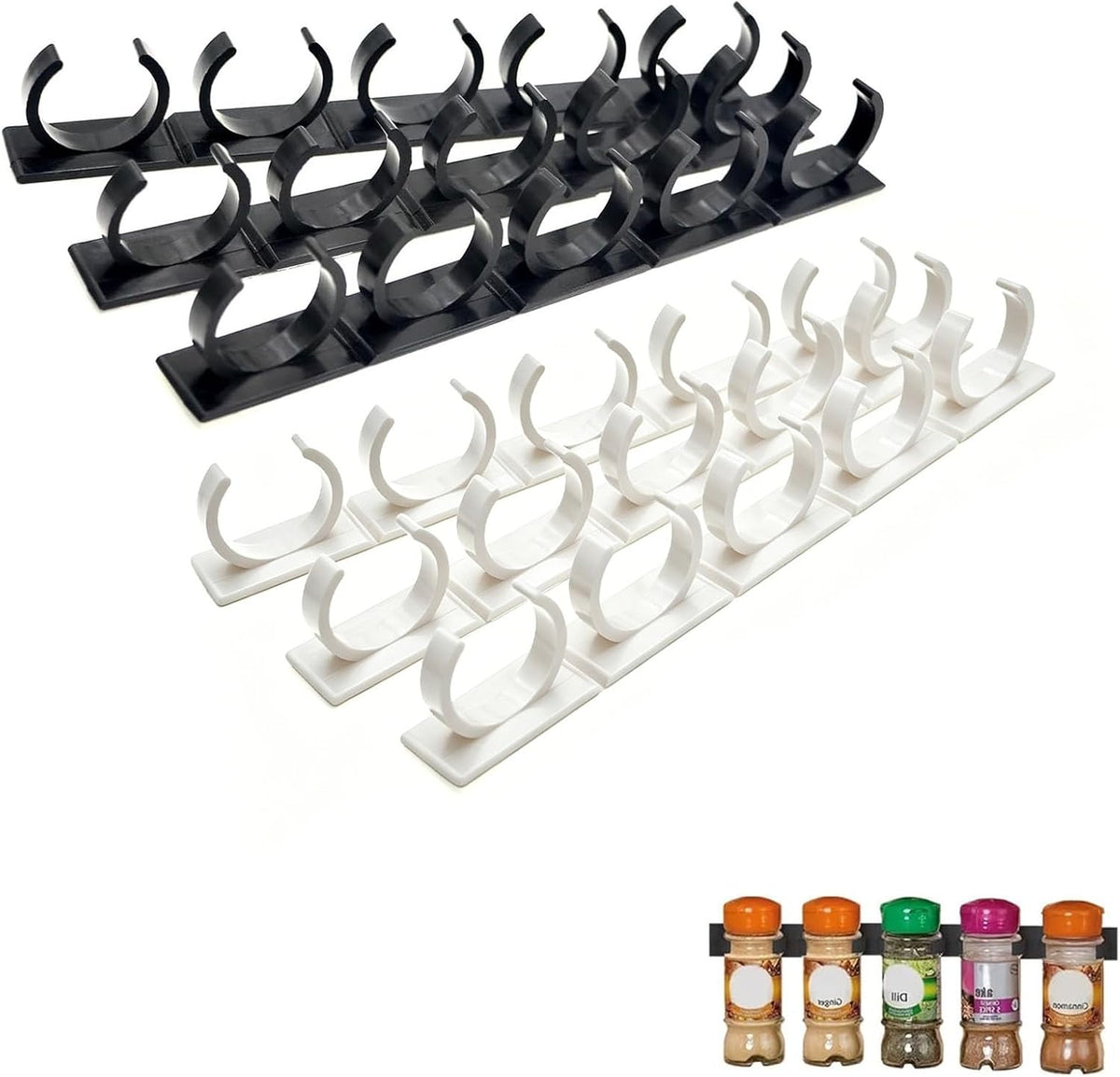 Adhesive Spice Clips 3-Pack, Heavy-Duty Spice Organizer for Cabinet Doors, Pantry & RV, Space-Saving Kitchen Storage with Tape, Holds 15 Jars (Black)