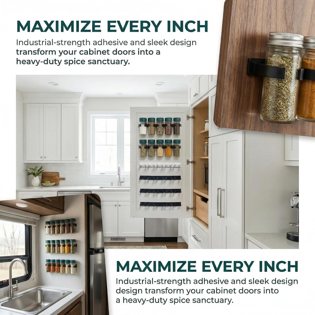 Adhesive Spice Clips 3-Pack, Heavy-Duty Spice Organizer for Cabinet Doors, Pantry & RV, Space-Saving Kitchen Storage with Tape, Holds 15 Jars (Black)