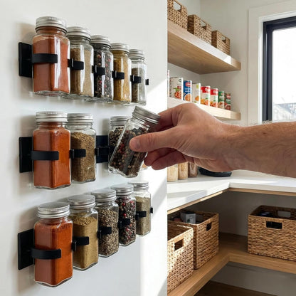 Adhesive Spice Clips 3-Pack, Heavy-Duty Spice Organizer for Cabinet Doors, Pantry & RV, Space-Saving Kitchen Storage with Tape, Holds 15 Jars (Black)
