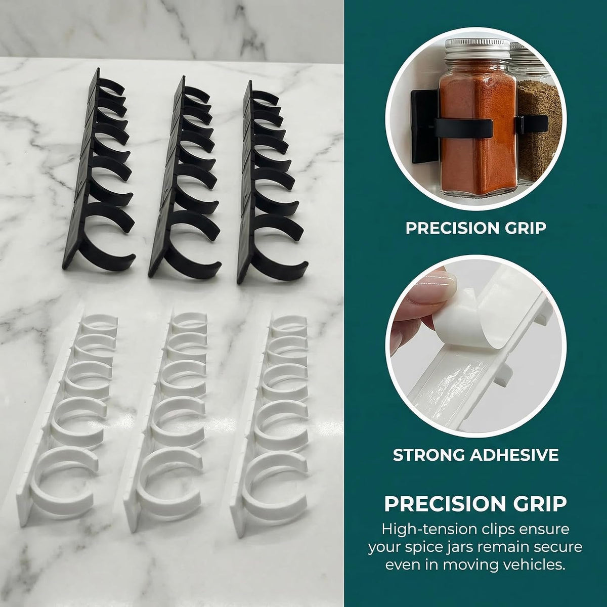 Adhesive Spice Clips 3-Pack, Heavy-Duty Spice Organizer for Cabinet Doors, Pantry & RV, Space-Saving Kitchen Storage with Tape, Holds 15 Jars (Black)