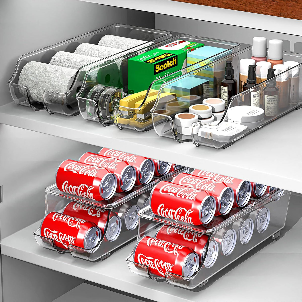 Auto-Rolling Beverage Can Organizer for Fridge, Clear Front-Loading Soda Dispenser with Smooth Glide Design, Space-Saving Refrigerator Storage Bins