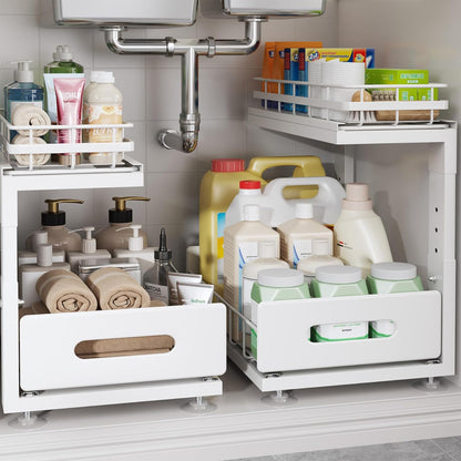 Upgrade To Professional Rails,2-Tier Dual Pull Out Cabinet Storage,Height Adjustable Slide Out Drawers For Bathroom Kitchen,2 Pack-14.5" Dx12.8-16.9" H,White