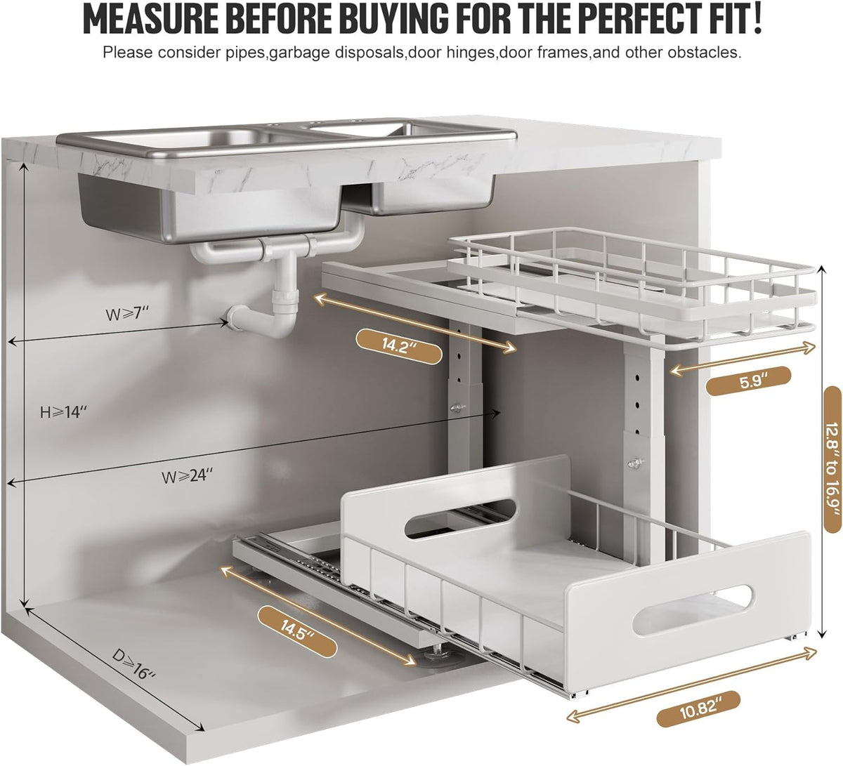 Upgrade To Professional Rails,2-Tier Dual Pull Out Cabinet Storage,Height Adjustable Slide Out Drawers For Bathroom Kitchen,2 Pack-14.5" Dx12.8-16.9" H,White