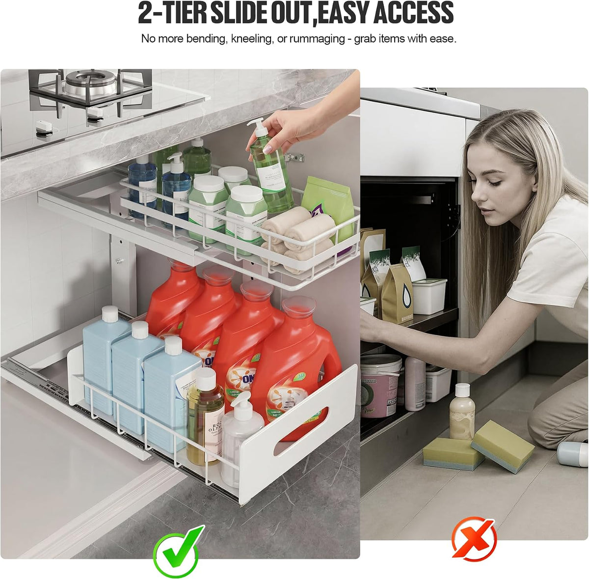 Upgrade To Professional Rails,2-Tier Dual Pull Out Cabinet Storage,Height Adjustable Slide Out Drawers For Bathroom Kitchen,2 Pack-14.5" Dx12.8-16.9" H,White