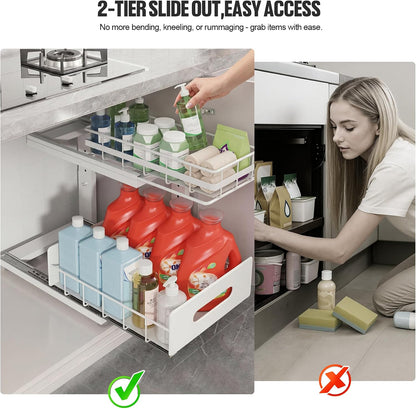 Upgrade To Professional Rails,2-Tier Dual Pull Out Cabinet Storage,Height Adjustable Slide Out Drawers For Bathroom Kitchen,2 Pack-14.5" Dx12.8-16.9" H,White