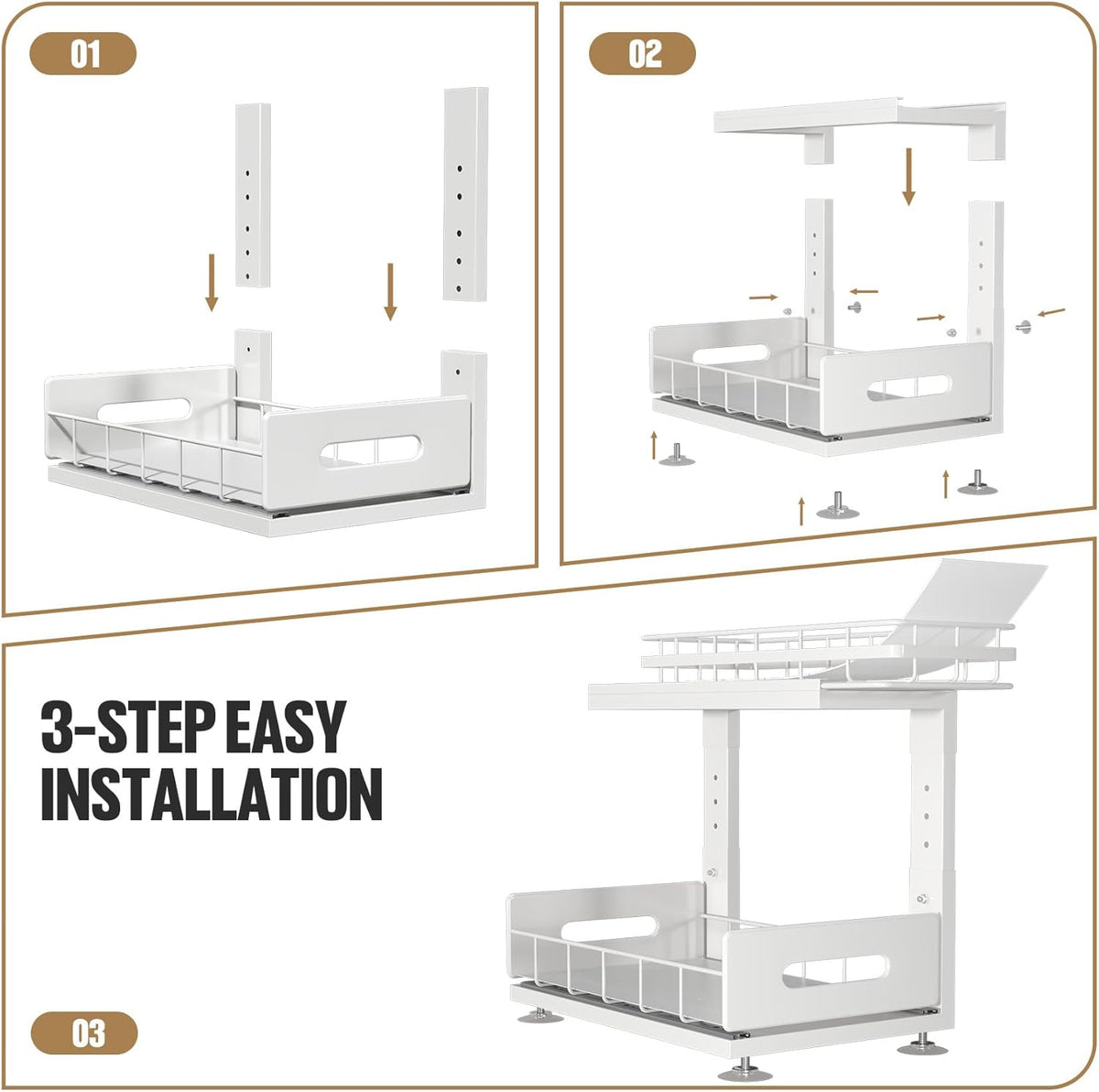 Upgrade To Professional Rails,2-Tier Dual Pull Out Cabinet Storage,Height Adjustable Slide Out Drawers For Bathroom Kitchen,2 Pack-14.5" Dx12.8-16.9" H,White