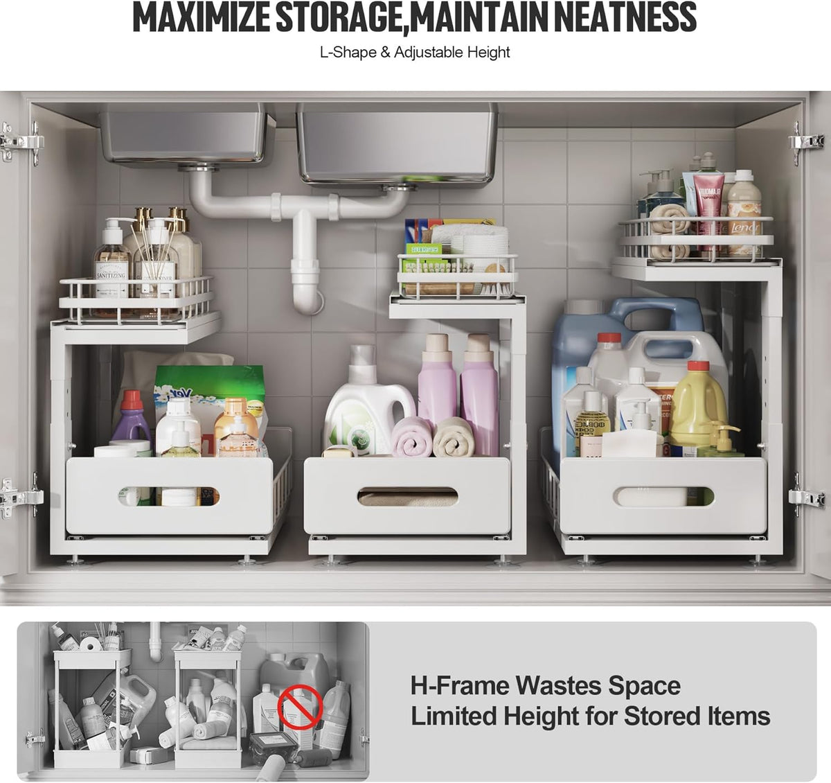 Upgrade To Professional Rails,2-Tier Dual Pull Out Cabinet Storage,Height Adjustable Slide Out Drawers For Bathroom Kitchen,2 Pack-14.5" Dx12.8-16.9" H,White