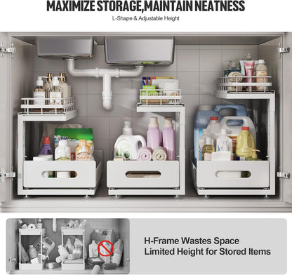 Upgrade To Professional Rails,2-Tier Dual Pull Out Cabinet Storage,Height Adjustable Slide Out Drawers For Bathroom Kitchen,2 Pack-14.5" Dx12.8-16.9" H,White