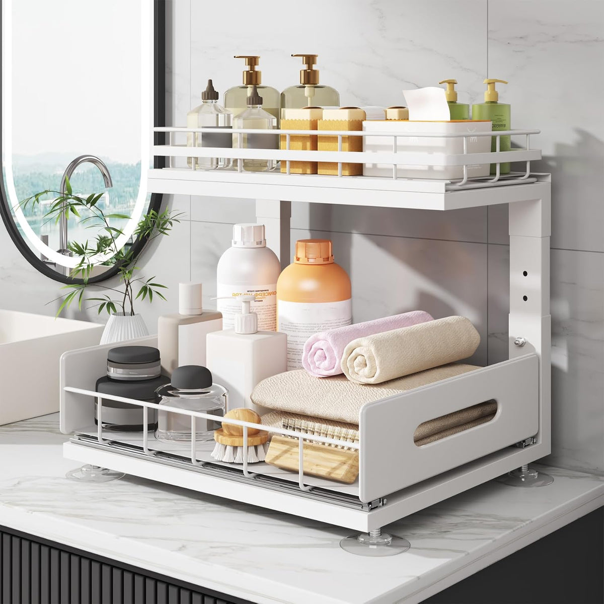 Upgrade To Professional Rails,2-Tier Dual Pull Out Cabinet Storage,Height Adjustable Slide Out Drawers For Bathroom Kitchen,2 Pack-14.5" Dx12.8-16.9" H,White