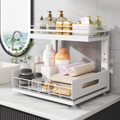 Upgrade To Professional Rails,2-Tier Dual Pull Out Cabinet Storage,Height Adjustable Slide Out Drawers For Bathroom Kitchen,2 Pack-14.5" Dx12.8-16.9" H,White