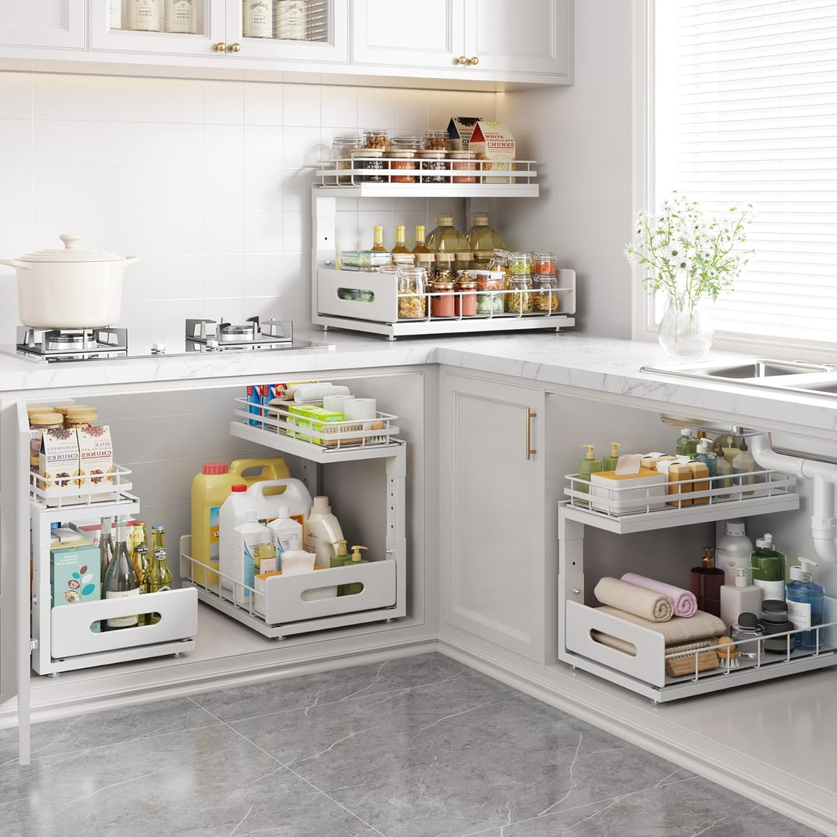 Upgrade To Professional Rails,2-Tier Dual Pull Out Cabinet Storage,Height Adjustable Slide Out Drawers For Bathroom Kitchen,2 Pack-14.5" Dx12.8-16.9" H,White