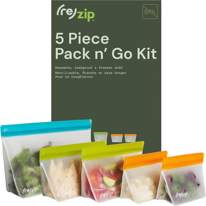 ( Reusable Stand-Up Food Storage Bags, Leakproof, 5-Piece, Multicolor