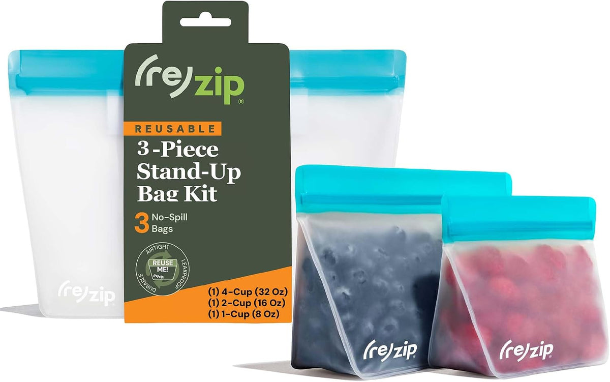 ( Reusable Stand-Up Food Storage Bags, Leakproof, 5-Piece, Multicolor