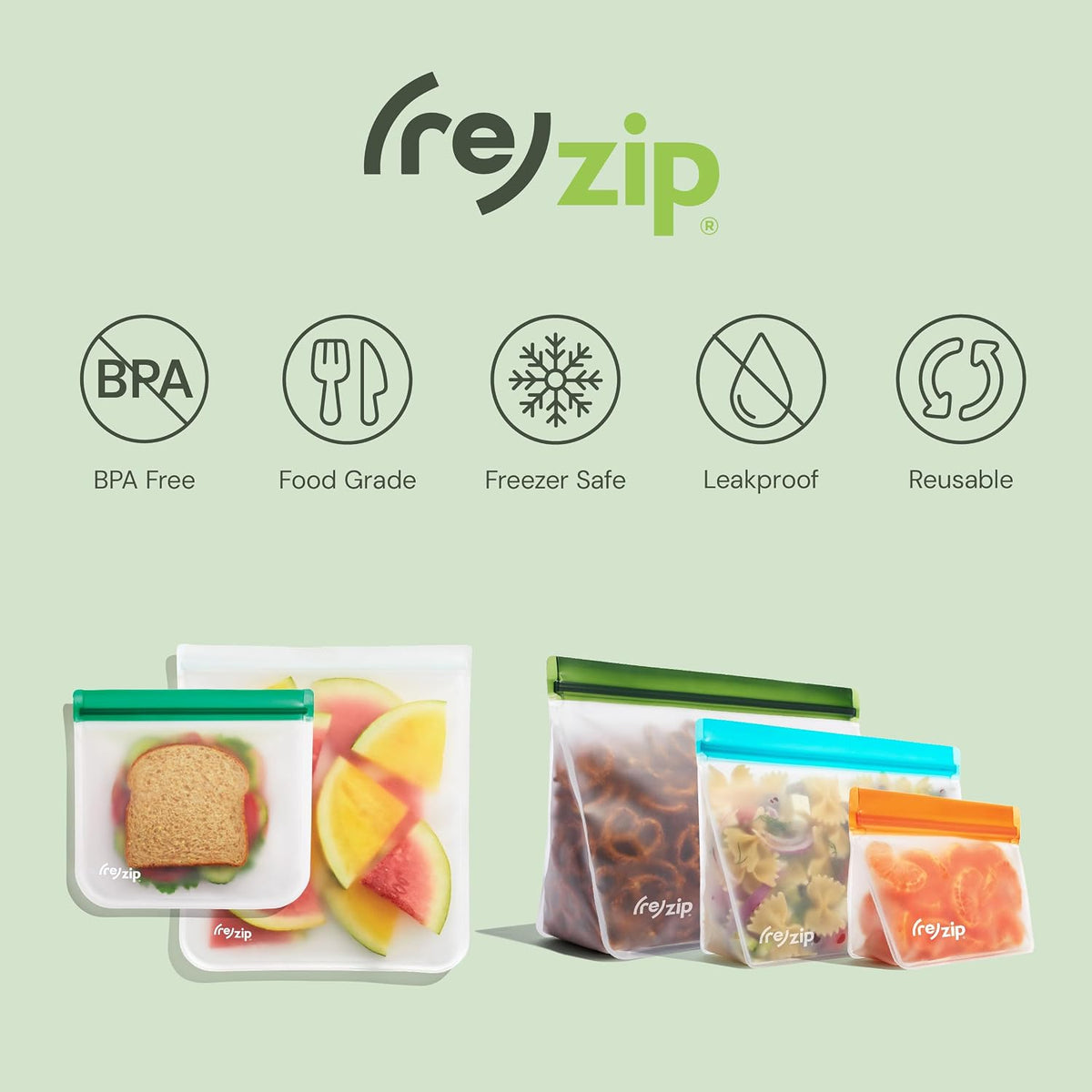 ( Reusable Stand-Up Food Storage Bags, Leakproof, 5-Piece, Multicolor