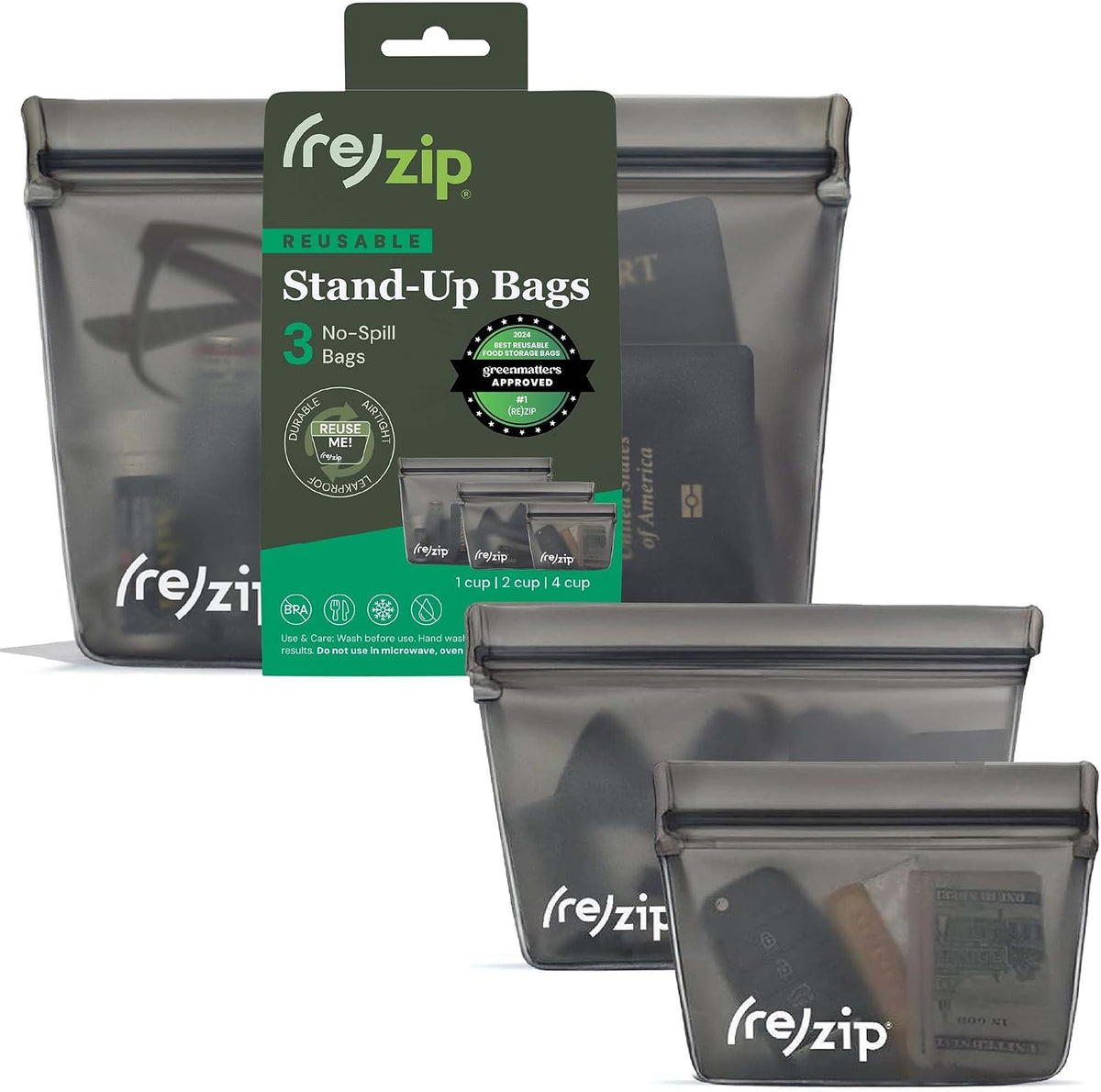 ( Reusable Stand-Up Food Storage Bags, Leakproof, 5-Piece, Multicolor
