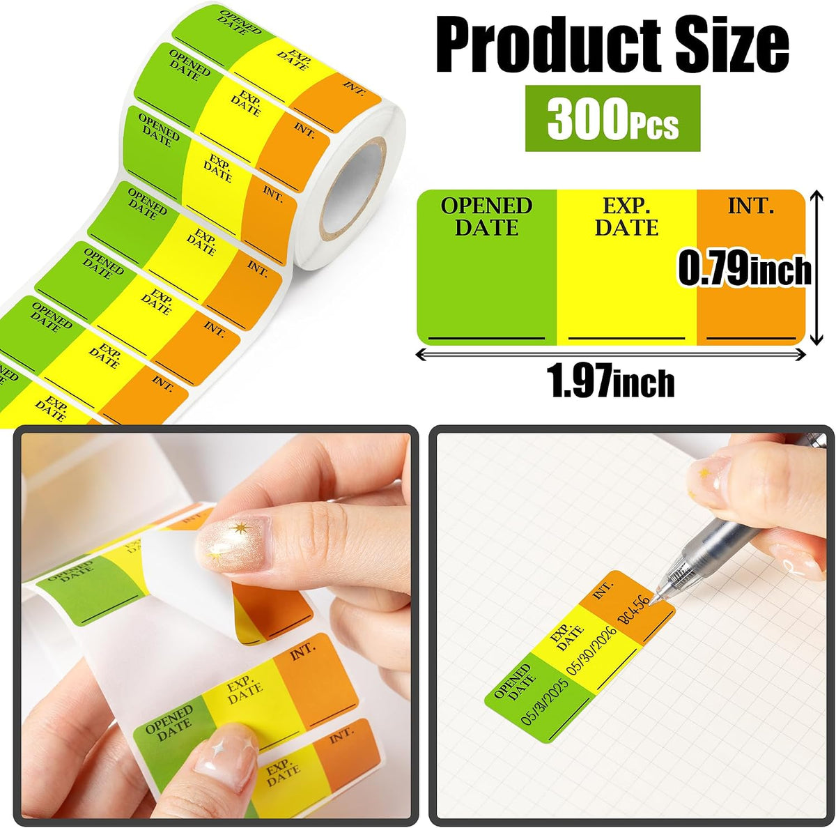 300Pcs Opened & Expiration Date Labels for Medical, Food & Lab Use, Fluoro Green Yellow Orange Permanent Paper Write-on Small Stickers for Hospital Pharmacy Refrigerator Freezer Vial Containers