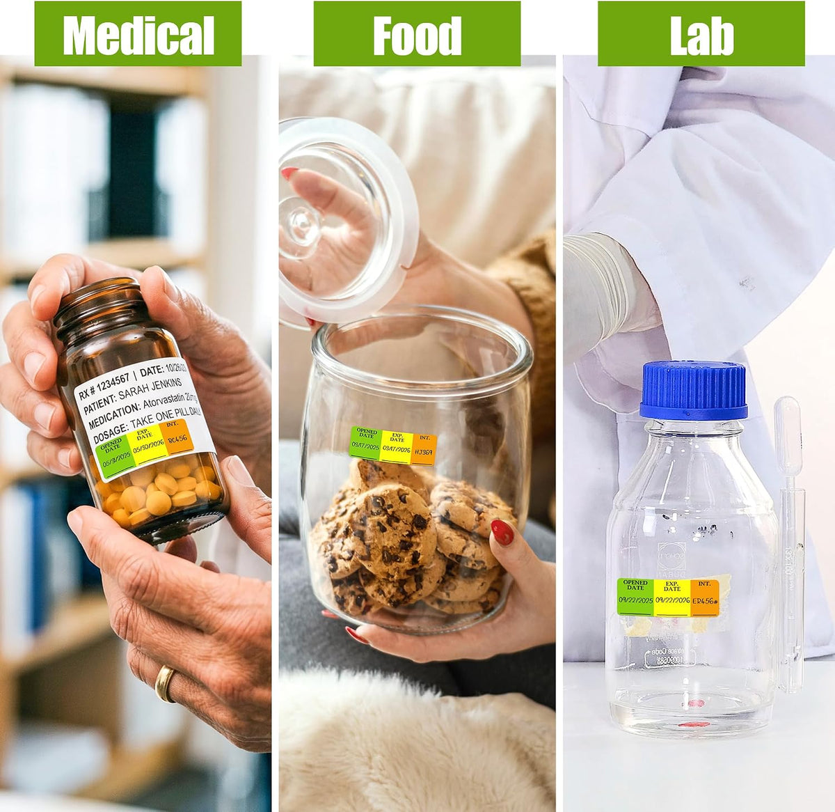 300Pcs Opened & Expiration Date Labels for Medical, Food & Lab Use, Fluoro Green Yellow Orange Permanent Paper Write-on Small Stickers for Hospital Pharmacy Refrigerator Freezer Vial Containers