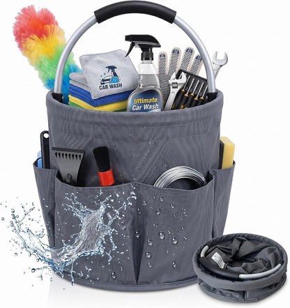 Cleaning caddy with Handle,17L Foldable collapsible bucket 600D Oxford Fabric, 6 Pockets Portable Multi-Use Organiser for Home, Garden, Camping,Grey