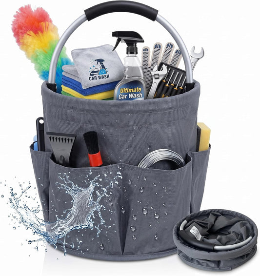 Cleaning caddy with Handle,17L Foldable collapsible bucket 600D Oxford Fabric, 6 Pockets Portable Multi-Use Organiser for Home, Garden, Camping,Grey