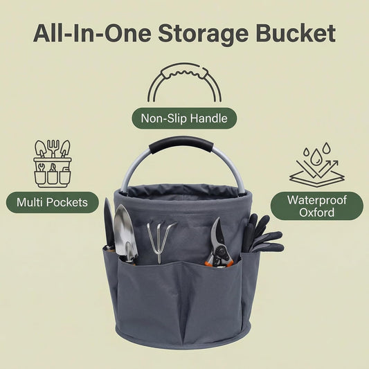 Cleaning caddy with Handle,17L Foldable collapsible bucket 600D Oxford Fabric, 6 Pockets Portable Multi-Use Organiser for Home, Garden, Camping,Grey