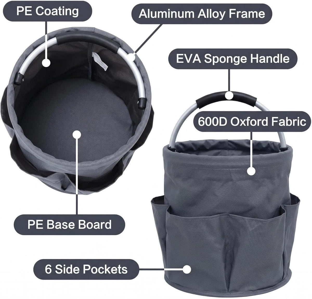 Cleaning caddy with Handle,17L Foldable collapsible bucket 600D Oxford Fabric, 6 Pockets Portable Multi-Use Organiser for Home, Garden, Camping,Grey