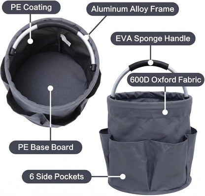 Cleaning caddy with Handle,17L Foldable collapsible bucket 600D Oxford Fabric, 6 Pockets Portable Multi-Use Organiser for Home, Garden, Camping,Grey