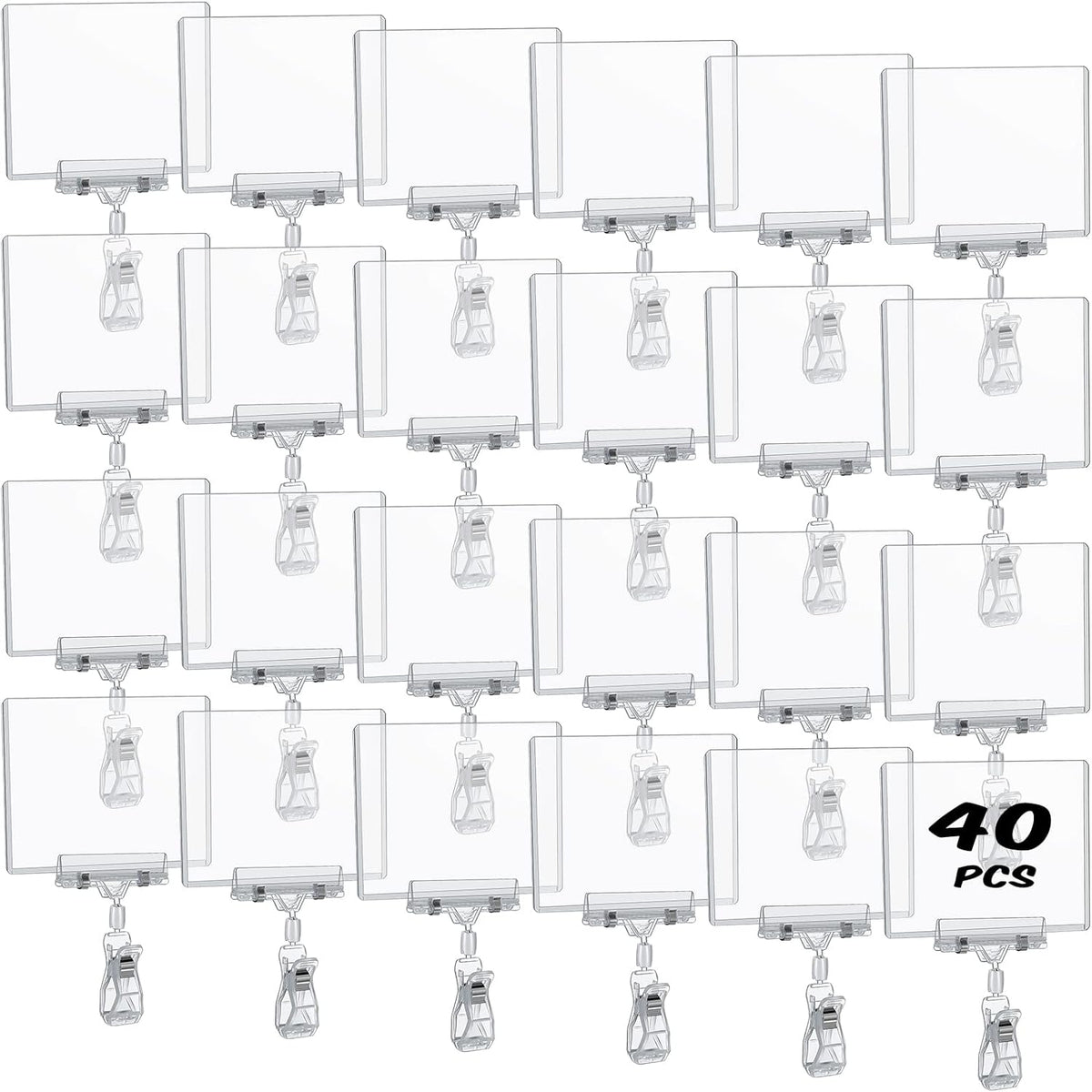40 Pieces Rotating Clip Pop for Retail Display, Swivel Sign Rotatable Merchandise Holding Clamp Holder for Hanger Rails or Tubes with 40 Pieces Hard Card Sleeves PVC Protector