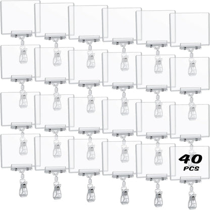 40 Pieces Rotating Clip Pop for Retail Display, Swivel Sign Rotatable Merchandise Holding Clamp Holder for Hanger Rails or Tubes with 40 Pieces Hard Card Sleeves PVC Protector