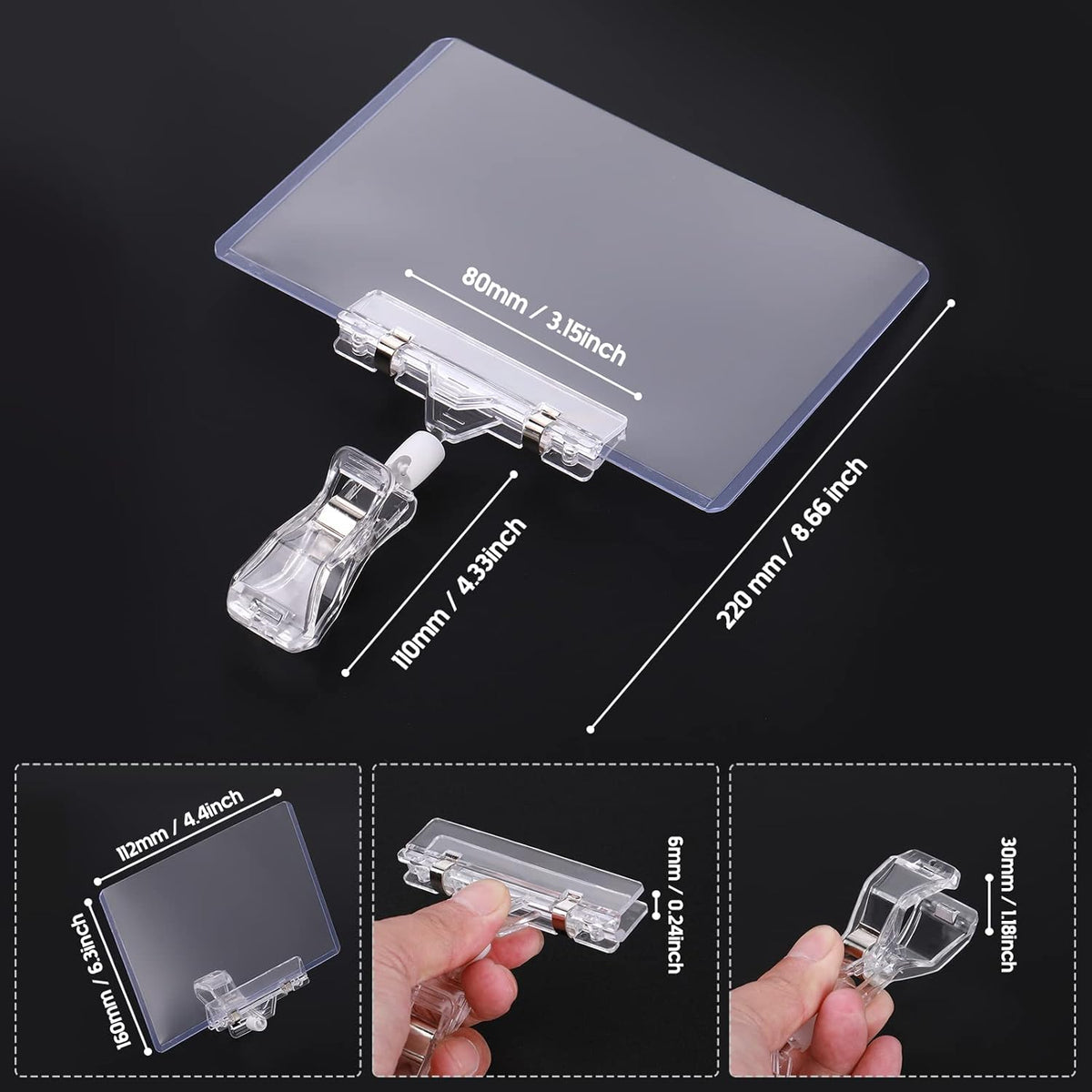 40 Pieces Rotating Clip Pop for Retail Display, Swivel Sign Rotatable Merchandise Holding Clamp Holder for Hanger Rails or Tubes with 40 Pieces Hard Card Sleeves PVC Protector