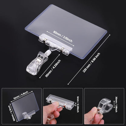40 Pieces Rotating Clip Pop for Retail Display, Swivel Sign Rotatable Merchandise Holding Clamp Holder for Hanger Rails or Tubes with 40 Pieces Hard Card Sleeves PVC Protector