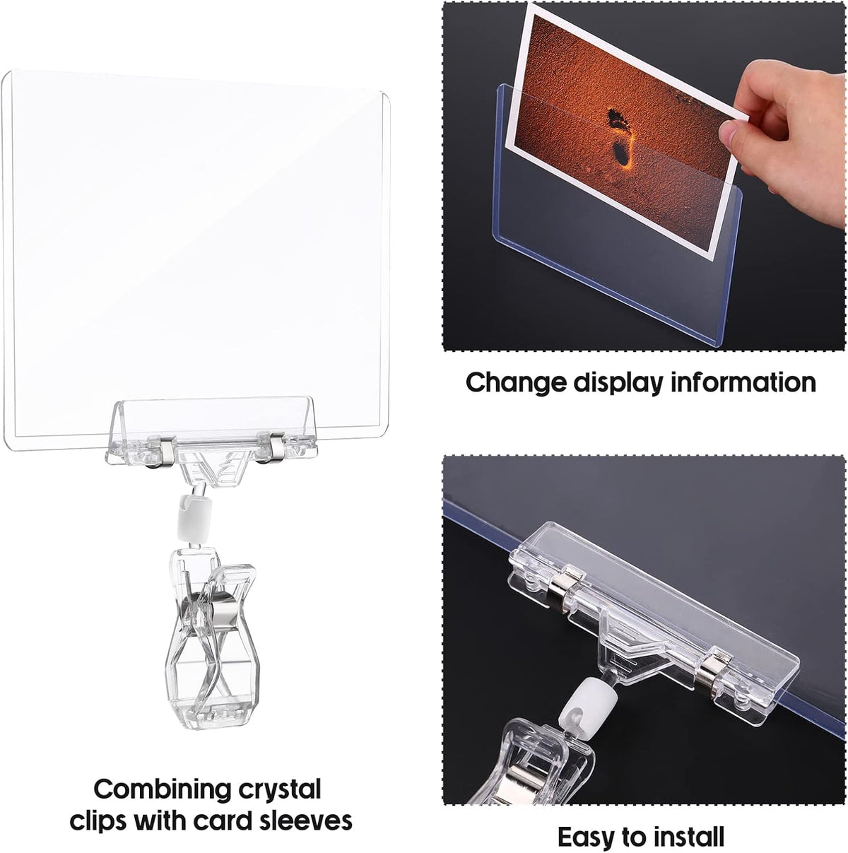 40 Pieces Rotating Clip Pop for Retail Display, Swivel Sign Rotatable Merchandise Holding Clamp Holder for Hanger Rails or Tubes with 40 Pieces Hard Card Sleeves PVC Protector