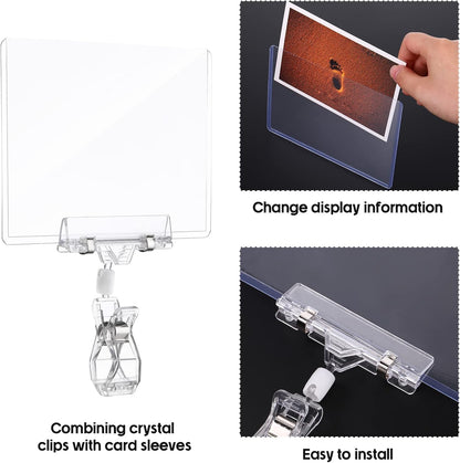 40 Pieces Rotating Clip Pop for Retail Display, Swivel Sign Rotatable Merchandise Holding Clamp Holder for Hanger Rails or Tubes with 40 Pieces Hard Card Sleeves PVC Protector